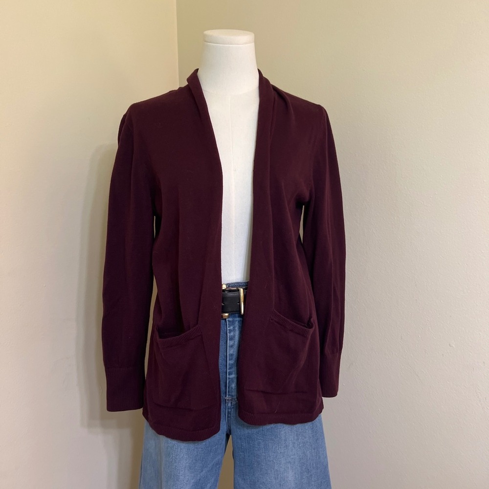 Talbots Petite Burgundy Open Front 100% Cotton Cardigan Sweater MP Shawl Collar